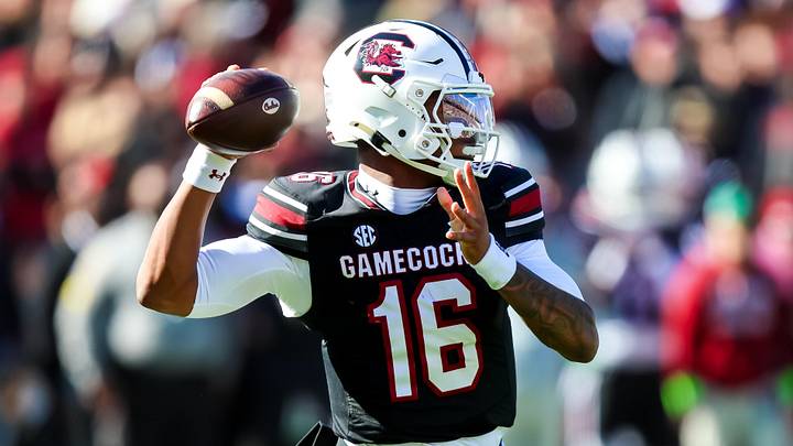 Nov 29, 2025; Columbia, South Carolina, USA; South Carolina Gamecocks quarterback Lanorris Sellers (16) passes against the Clemson Tigers in the first quarter at Williams-Brice Stadium. Mandatory Credit: Jeff Blake-Imagn Images