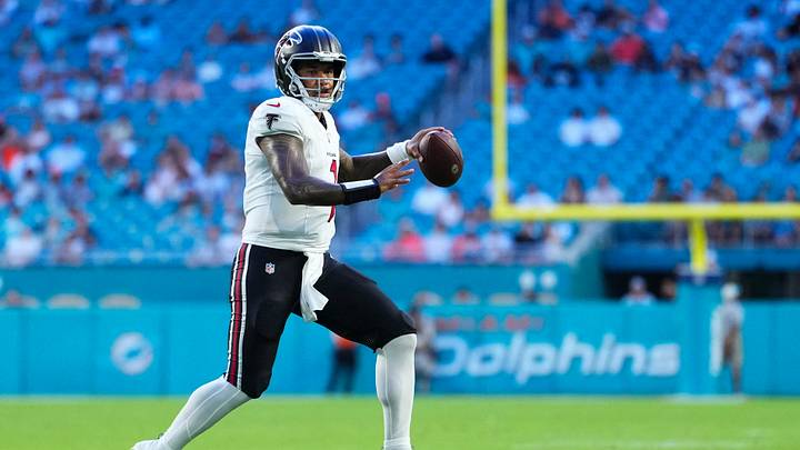 Atlanta Falcons quarterback Tua Tagovailoa (1) looks to throw a pass against the Miami Dolphins during the first quarter of a pre season game at Hard Rock Stadium. 