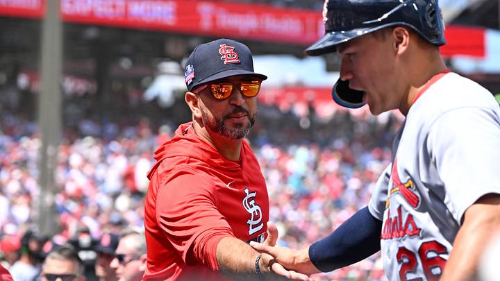 Aug 23, 2026; Philadelphia, Pennsylvania, USA; St. Louis Cardinals manager Oliver Marmol (37) congratulates St. Louis Cardinals second baseman JJ Wetherholt (26) after scoring a run during the first inning pa at Citizens Bank Park. Mandatory Credit: Eric Hartline-Imagn Images Aug 23, 2026; Philadelphia, Pennsylvania, USA; St. Louis Cardinals manager Oliver Marmol (37) congratulates St. Louis Cardinals second baseman JJ Wetherholt (26) after scoring a run during the first inning pa at Citizens Bank Park. Mandatory Credit: Eric Hartline-Imagn Images