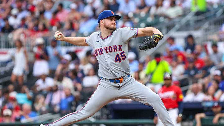 Jul 3, 2026; Cumberland, Georgia, USA; New York Mets pitcher Christian Scott (45) pitches the ball against the Atlanta Braves during the first inning at Truist Park. Mandatory Credit: Jordan Godfree-Imagn Images Jul 3, 2026; Cumberland, Georgia, USA; New York Mets pitcher Christian Scott (45) pitches the ball against the Atlanta Braves during the first inning at Truist Park. Mandatory Credit: Jordan Godfree-Imagn Images