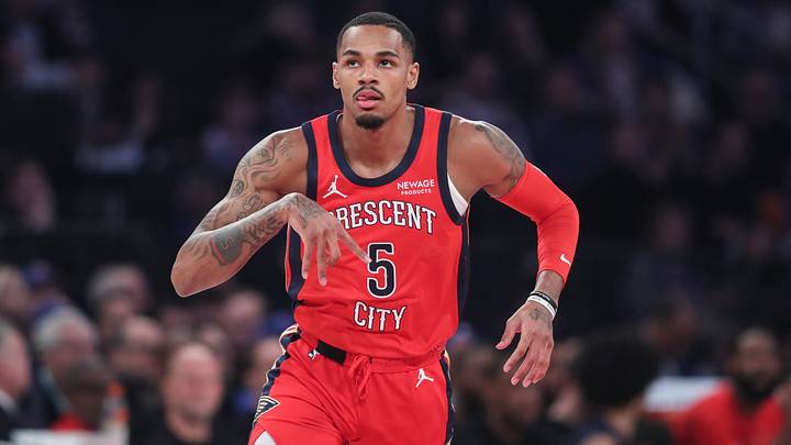 Mar 24, 2026; New York, New York, USA; New Orleans Pelicans guard Dejounte Murray (5) gestures after scoring in the first quarter against the New York Knicks at Madison Square Garden. Mandatory Credit: Wendell Cruz-Imagn Images Mar 24, 2026; New York, New York, USA; New Orleans Pelicans guard Dejounte Murray (5) gestures after scoring in the first quarter against the New York Knicks at Madison Square Garden. Mandatory Credit: Wendell Cruz-Imagn Images
