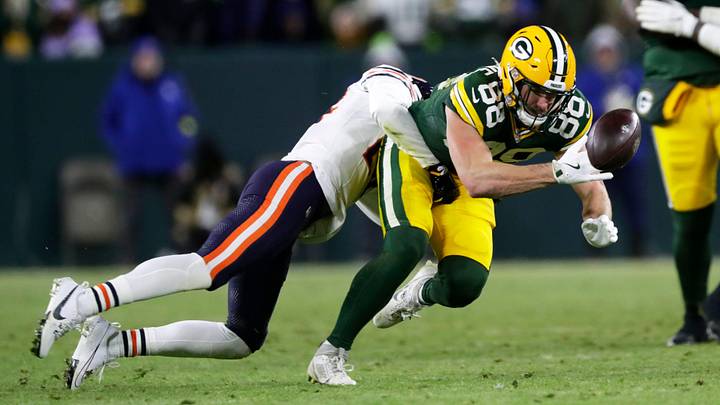 Green Bay Packers tight end Luke Musgrave misses a catch during a football game against the Chicago Bears on Dec. 7, 2025, at Lambeau Field in Green Bay, Wis. The Packers defeated the Bears 28-21. Green Bay Packers tight end Luke Musgrave misses a catch during a football game against the Chicago Bears on Dec. 7, 2025, at Lambeau Field in Green Bay, Wis. The Packers defeated the Bears 28-21.
