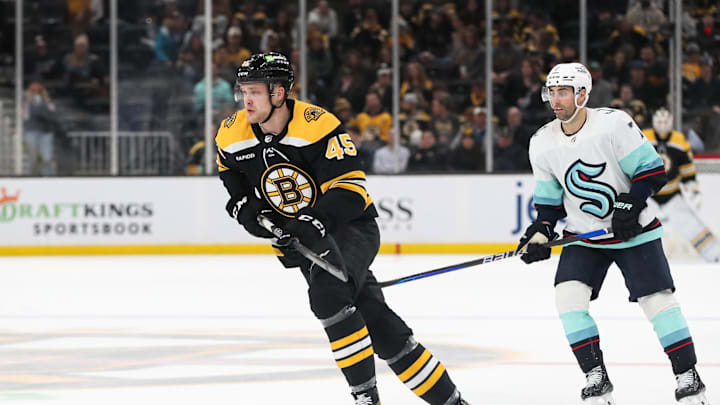 Jan 12, 2023; Boston, Massachusetts, USA; Boston Bruins left wing Joona Koppanen (45) plays in his first NHL game during the third period against the Seattle Kraken at TD Garden. Mandatory Credit: Paul Rutherford-Imagn Images