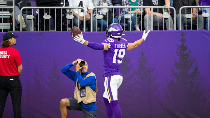 Sep 22, 2019; Minneapolis, MN, USA; Minnesota Vikings wide receiver Adam Thielen (19) scores in the first quarter against Oakland Raiders at U.S. Bank Stadium. Mandatory Credit: Brad Rempel-Imagn Images Sep 22, 2019; Minneapolis, MN, USA; Minnesota Vikings wide receiver Adam Thielen (19) scores in the first quarter against Oakland Raiders at U.S. Bank Stadium. Mandatory Credit: Brad Rempel-Imagn Images