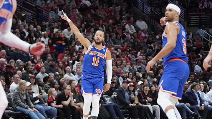 Apr 9, 2024; Chicago, Illinois, USA; New York Knicks guard Jalen Brunson (11) reacts after making a