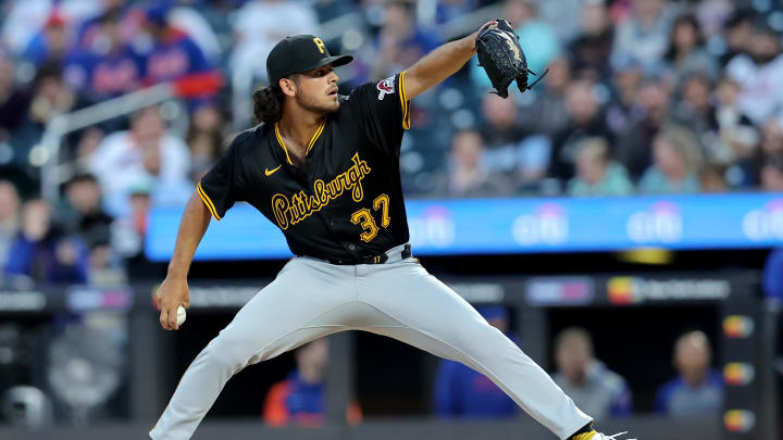 Apr 16, 2024; New York City, New York, USA; Pittsburgh Pirates starting pitcher Jared Jones (37)