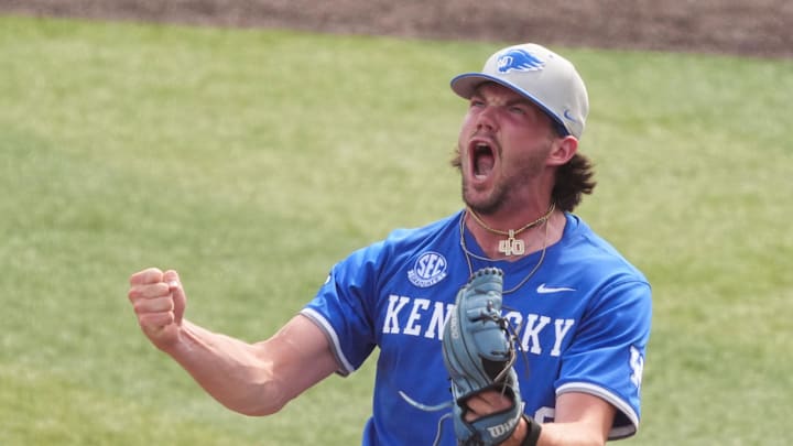 Kentucky's Simon Gregersen (40) yells out in victory after striking out Tennessee's Blake Grimmer (14) to win the NCAA college baseball game in Knoxville, Tenn., on April 20, 2025. Kentucky's Simon Gregersen (40) yells out in victory after striking out Tennessee's Blake Grimmer (14) to win the NCAA college baseball game in Knoxville, Tenn., on April 20, 2025.