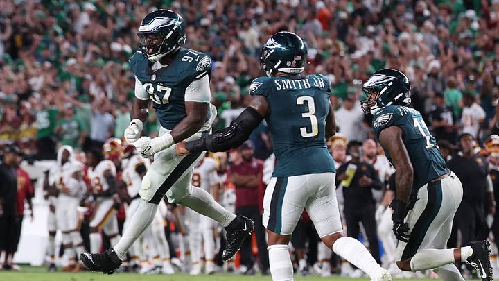 Sep 13, 2026; Philadelphia, Pennsylvania, USA; Philadelphia Eagles defensive tackle Moro Ojomo (97) reacts after stopping a two-point conversion against the Washington Commanders during the second half at Lincoln Financial Field. Mandatory Credit: Bill Streicher-Imagn Images Sep 13, 2026; Philadelphia, Pennsylvania, USA; Philadelphia Eagles defensive tackle Moro Ojomo (97) reacts after stopping a two-point conversion against the Washington Commanders during the second half at Lincoln Financial Field. Mandatory Credit: Bill Streicher-Imagn Images