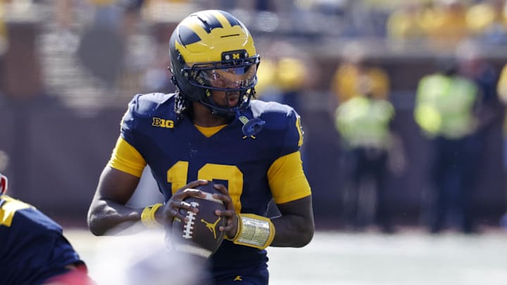 Oct 4, 2025; Ann Arbor, Michigan, USA;  Michigan Wolverines quarterback Bryce Underwood (19) passes in the first half against the Wisconsin Badgers at Michigan Stadium. Mandatory Credit: Rick Osentoski-Imagn Images