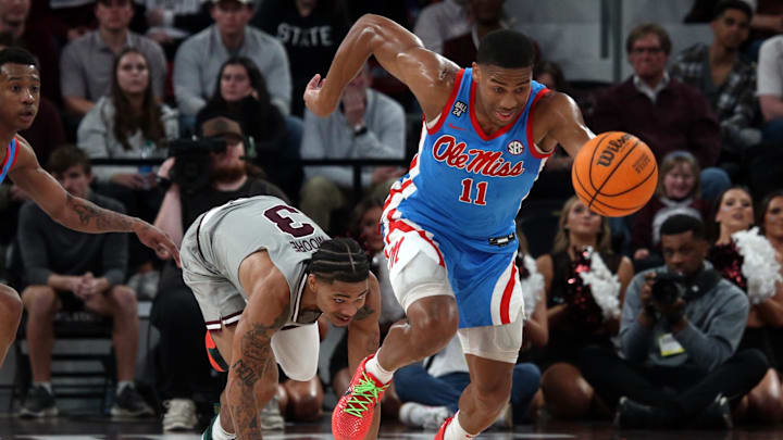 Feb 21, 2024; Starkville, Mississippi, USA; Mississippi Rebels guard Matthew Murrell (11) dribbles