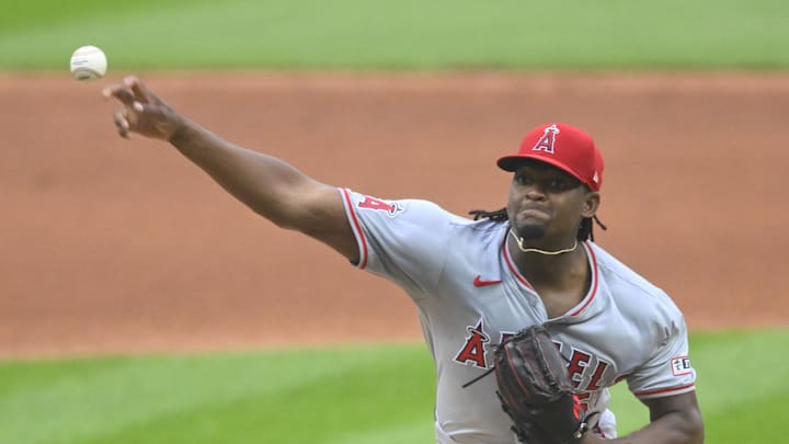 May 3, 2024; Cleveland, Ohio, USA; Los Angeles Angels starting pitcher Jose Soriano (59) delivers a pitch in the first inning against the Cleveland Guardians at Progressive Field. Mandatory Credit: David Richard-USA TODAY Sports