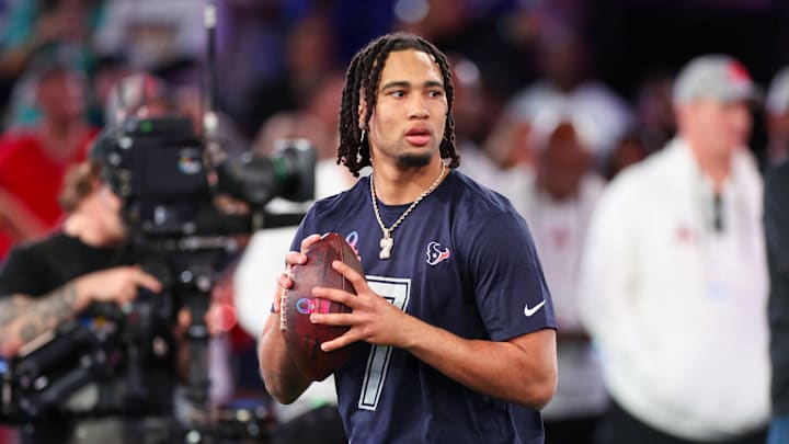 Feb 1, 2024; Orlando, FL, USA;  Houston Texans quarterback C.J. Stroud (7) participates in the NFL