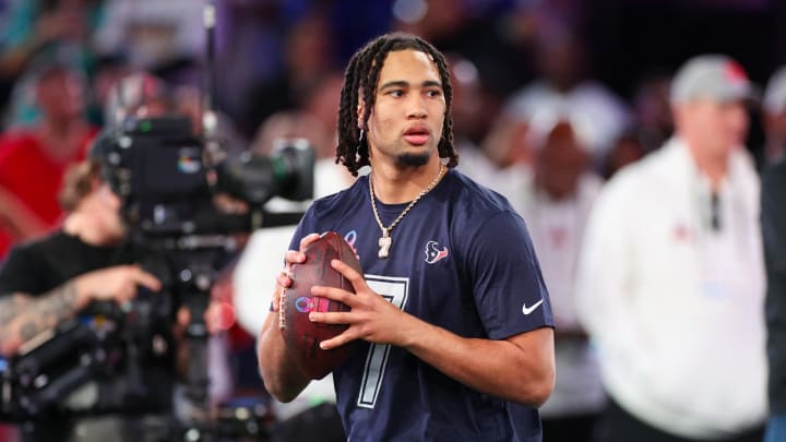 Feb 1, 2024; Orlando, FL, USA; Houston Texans quarterback C.J. Stroud (7) participates in the NFL Pro Bowl Skills Competition at the UCF NIcholson Fieldhouse. Mandatory Credit: Nathan Ray Seebeck-USA TODAY Sports Feb 1, 2024; Orlando, FL, USA; Houston Texans quarterback C.J. Stroud (7) participates in the NFL Pro Bowl Skills Competition at the UCF NIcholson Fieldhouse. Mandatory Credit: Nathan Ray Seebeck-USA TODAY Sports
