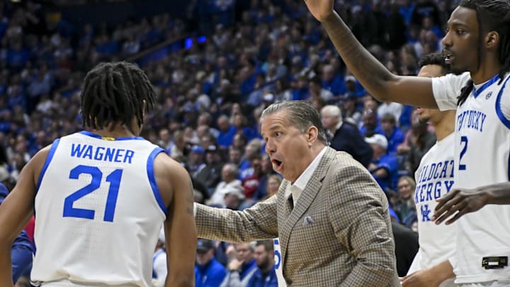 Mar 15, 2024; Nashville, TN, USA; Kentucky Wildcats head coach John Calipari talks with guard D.J.