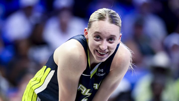 May 16, 2025; Arlington, Texas, USA; Dallas Wings guard Paige Bueckers (5) reacts against the Minnesota Lynx  during the first half at College Park Center. Mandatory Credit: Kevin Jairaj-Imagn Images