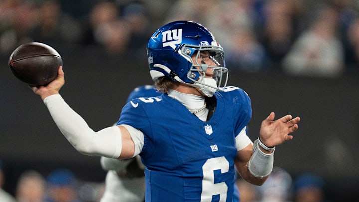 New York Giants quarterback Jaxson Dart (6) throws a pass during a Thursday Night Football game between the New York Giants and the Philadelphia Eagles at MetLife Stadium in East Rutherford on Oct. 9, 2025.