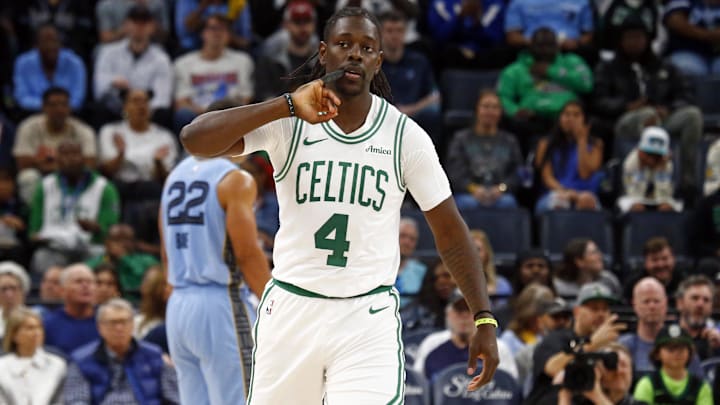 Mar 31, 2025; Memphis, Tennessee, USA; Boston Celtics guard Jrue Holiday (4) reacts during the third quarter against the Memphis Grizzlies at FedExForum. Mandatory Credit: Petre Thomas-Imagn Images