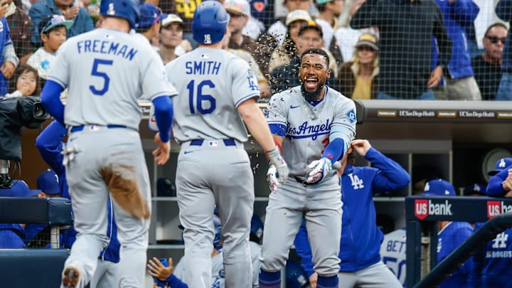 Jun 9, 2025; San Diego, California, USA; Los Angeles Dodgers catcher Will Smith (16) celebrates with Los Angeles Dodgers right fielder Teoscar Hernandez (37) after hitting a two run home run during the third inning against the San Diego Padres  at Petco Park. Mandatory Credit: David Frerker-Imagn Images