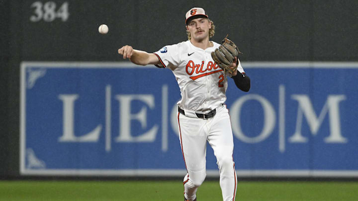 Sep 18, 2024; Baltimore, Maryland, USA;  Baltimore Orioles shortstop Gunnar Henderson (2) throws to first base during the third inning against the San Francisco Giants at Oriole Park at Camden Yards. 