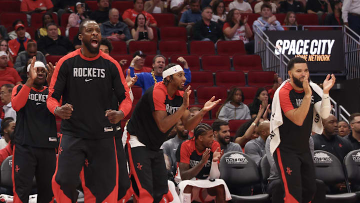 Oct 17, 2024; Houston, Texas, USA;  Houston Rockets forward Jeff Green (32) and teammates react after the San Antonio Spurs were called for delay of game in the second quarter at Toyota Center. Mandatory Credit: Thomas Shea-Imagn Images