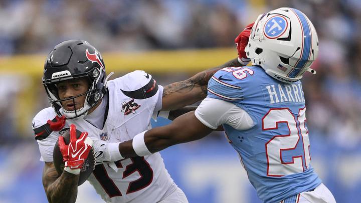 Oct 11, 2026; Nashville, Tennessee, USA; Houston Texans wide receiver Jaylin Noel (13) holds back Tennessee Titans cornerback Marcus Harris (26) during the second quarter at Nissan Stadium. Mandatory Credit: Steve Roberts-Imagn Images Oct 11, 2026; Nashville, Tennessee, USA; Houston Texans wide receiver Jaylin Noel (13) holds back Tennessee Titans cornerback Marcus Harris (26) during the second quarter at Nissan Stadium. Mandatory Credit: Steve Roberts-Imagn Images