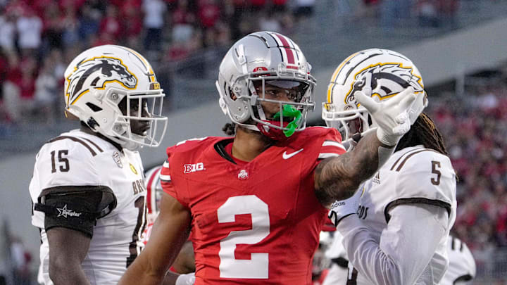 Sept. 7, 2024; Columbus, Ohio, USA;
Ohio State Buckeyes wide receiver Emeka Egbuka (2) signals for a first down during the first half of an NCAA Division I football game against the Western Michigan Broncos on Saturday at Ohio Stadium.