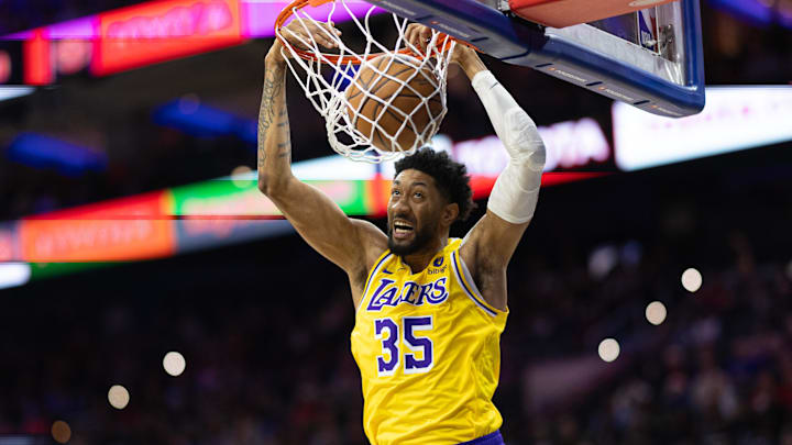 Nov 27, 2023; Philadelphia, Pennsylvania, USA; Los Angeles Lakers forward Christian Wood (35) dunks