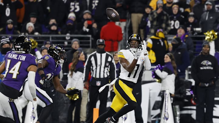 Jan 11, 2025; Baltimore, Maryland, USA; Pittsburgh Steelers wide receiver Van Jefferson (11) makes a catch for a touchdown against the Baltimore Ravens in the third quarter in an AFC wild card game at M&T Bank Stadium. Mandatory Credit: Geoff Burke-Imagn Images