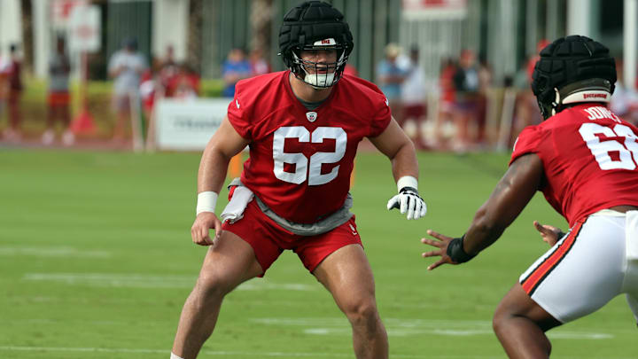 Jul 25, 2024; Tampa, FL, USA;  Tampa Bay Buccaneers center Graham Barton (62) works out during training camp at AdventHealth Training Center. Mandatory Credit: Kim Klement Neitzel-USA TODAY Sports