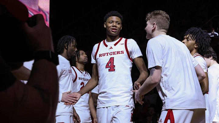 Mar 9, 2025; Piscataway, New Jersey, USA; Rutgers Scarlet Knights guard Ace Bailey (4) is introduced before the game against the Minnesota Golden Gophers at Jersey Mike's Arena. Mandatory Credit: Vincent Carchietta-Imagn Images Mar 9, 2025; Piscataway, New Jersey, USA; Rutgers Scarlet Knights guard Ace Bailey (4) is introduced before the game against the Minnesota Golden Gophers at Jersey Mike's Arena. Mandatory Credit: Vincent Carchietta-Imagn Images
