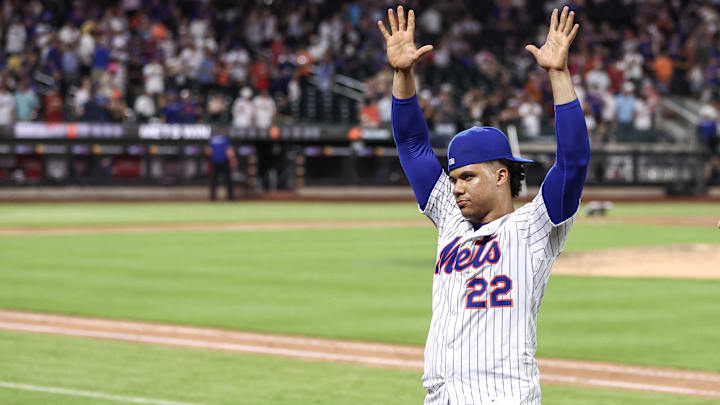 New York City, New York, USA; New York Mets right fielder Juan Soto (22) waves to the fans after defeating the Atlanta Braves at Citi Field.