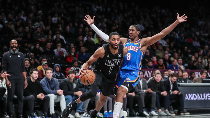 Jan 5, 2024; Brooklyn, New York, USA; Brooklyn Nets forward Mikal Bridges (1) drives past Oklahoma City Thunder forward Jalen Williams (8) in the first quarter at Barclays Center. Mandatory Credit: Wendell Cruz-USA TODAY Sports Jan 5, 2024; Brooklyn, New York, USA; Brooklyn Nets forward Mikal Bridges (1) drives past Oklahoma City Thunder forward Jalen Williams (8) in the first quarter at Barclays Center. Mandatory Credit: Wendell Cruz-USA TODAY Sports