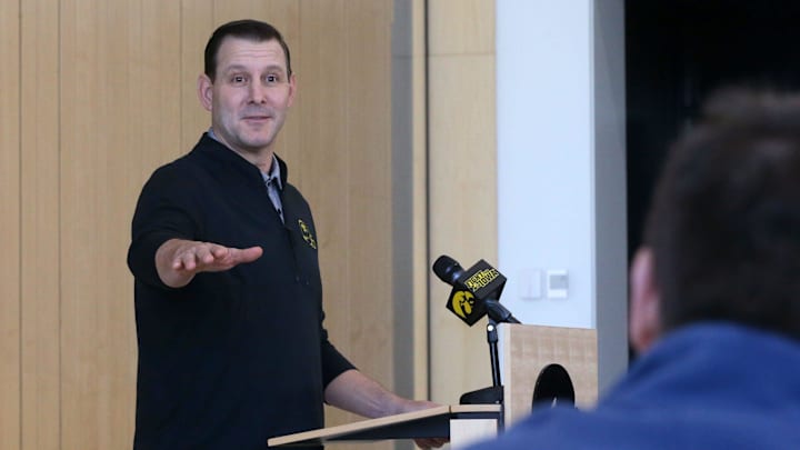 Iowa's new offensive coordinator Tim Lester speaks Tuesday, Feb. 6, 2024 at the Hansen Football Iowa's new offensive coordinator Tim Lester speaks Tuesday, Feb. 6, 2024 at the Hansen Football