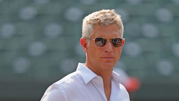 Jul 18, 2023; Baltimore, Maryland, USA; Baltimore Orioles general manager Mike Elias on field prior
