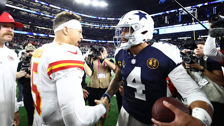 Nov 27, 2025; Arlington, Texas, USA; Kansas City Chiefs quarterback Patrick Mahomes (15) and Dallas Cowboys quarterback Dak Prescott (4) greet each other after the game at AT&T Stadium. Mandatory Credit: Kevin Jairaj-Imagn Images Nov 27, 2025; Arlington, Texas, USA; Kansas City Chiefs quarterback Patrick Mahomes (15) and Dallas Cowboys quarterback Dak Prescott (4) greet each other after the game at AT&T Stadium. Mandatory Credit: Kevin Jairaj-Imagn Images