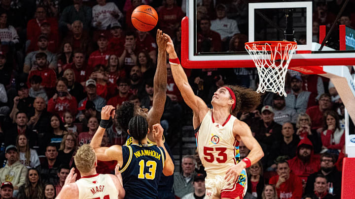 Nebraska Cornhuskers forward Josiah Allick (53) blocks a shot