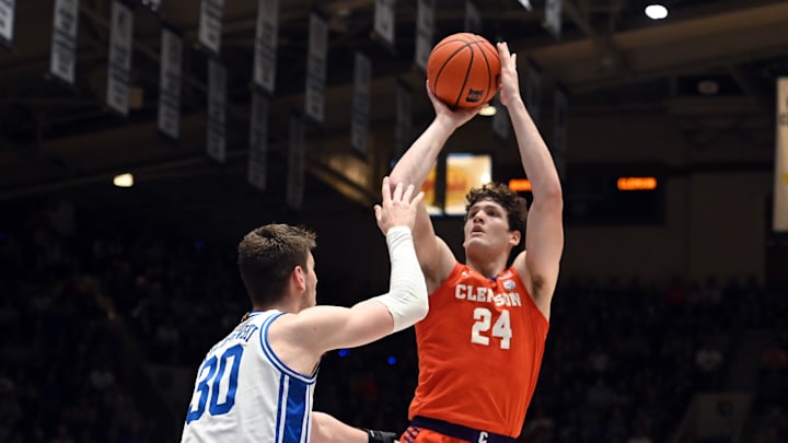 Jan 27, 2024; Durham, North Carolina, USA; Clemson Tigers center PJ Hall (24) shoots over Duke Blue