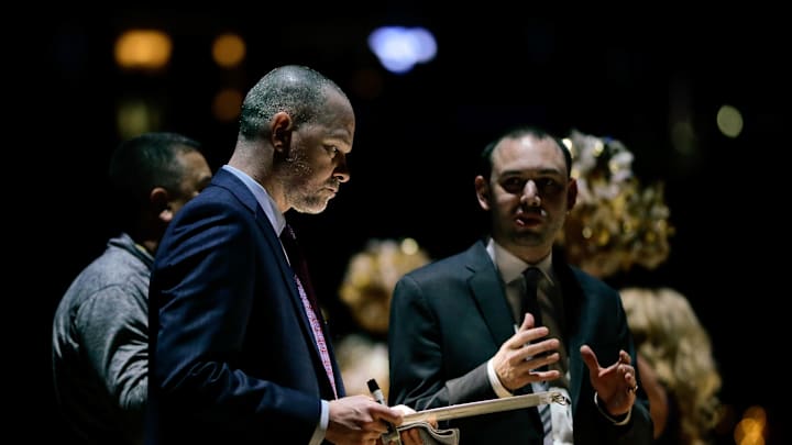 Feb 25, 2018; Denver, CO, USA; Denver Nuggets head coach Michael Malone (L) and assistant coach David Adelman (R) before the game against the Houston Rockets at the Pepsi Center. Mandatory Credit: Isaiah J. Downing-USA TODAY Sports Feb 25, 2018; Denver, CO, USA; Denver Nuggets head coach Michael Malone (L) and assistant coach David Adelman (R) before the game against the Houston Rockets at the Pepsi Center. Mandatory Credit: Isaiah J. Downing-USA TODAY Sports