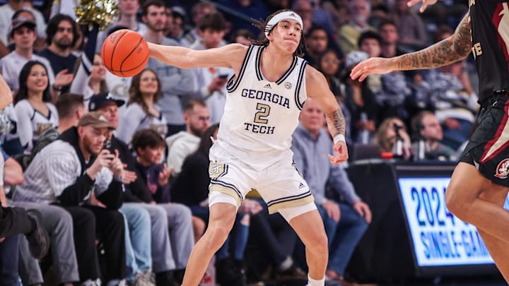 Mar 2, 2024; Atlanta, Georgia, USA; Georgia Tech Yellow Jackets guard Naithan George (2) passes the ball against the Florida State Seminoles in the second half at McCamish Pavilion. Mandatory Credit: Brett Davis-USA TODAY Sports