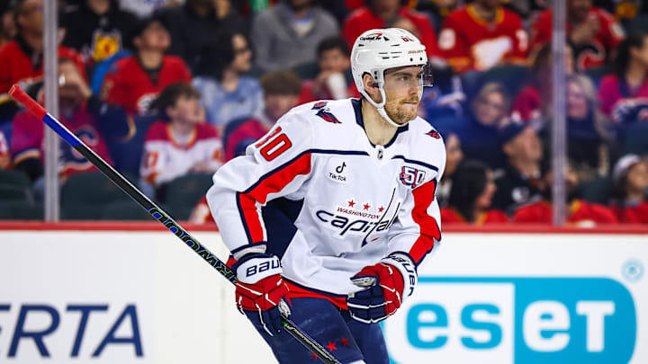 Jan 28, 2025; Calgary, Alberta, CAN; Washington Capitals left wing Pierre-Luc Dubois (80) celebrates his goal against the Calgary Flames during the first period at Scotiabank Saddledome. Mandatory Credit: Sergei Belski-Imagn Images