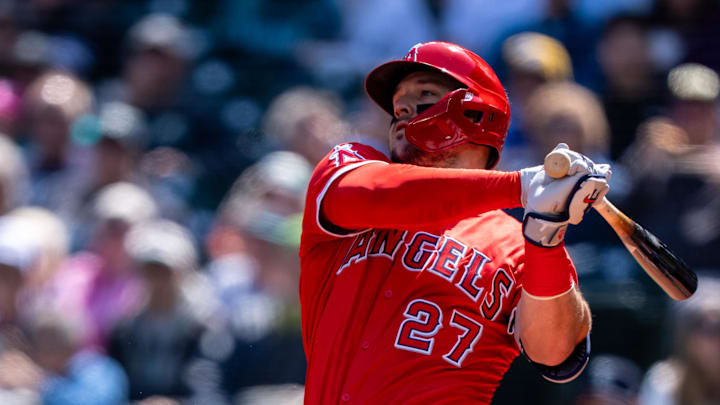 Angels right fielder Mike Trout (27) takes a swing during an at-bat against the Seattle Mariners at T-Mobile Park. 