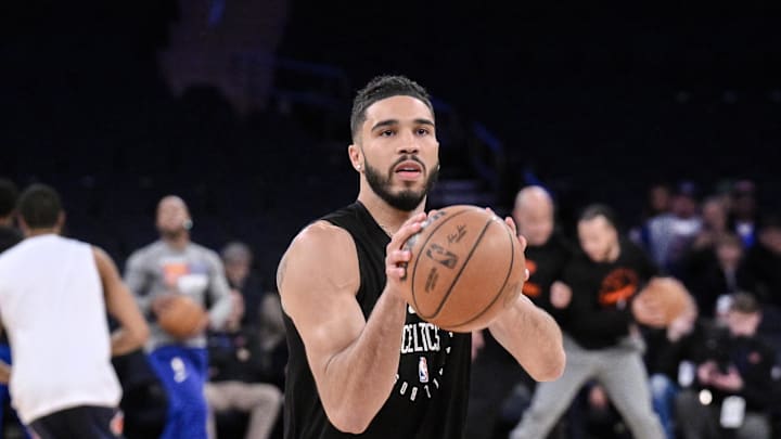 Apr 8, 2025; New York, New York, USA; Boston Celtics forward Jayson Tatum (0) warms up before a game against the New York Knicks at Madison Square Garden. Mandatory Credit: John Jones-Imagn Images