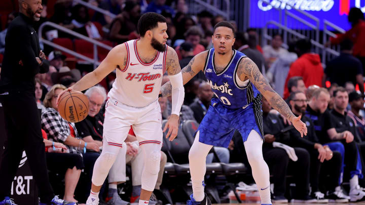 Apr 9, 2024; Houston, Texas, USA; Houston Rockets guard Fred VanVleet (5) handles the ball against Orlando Magic guard Markelle Fultz (20) during the third quarter at Toyota Center. Mandatory Credit: Erik Williams-USA TODAY Sports Apr 9, 2024; Houston, Texas, USA; Houston Rockets guard Fred VanVleet (5) handles the ball against Orlando Magic guard Markelle Fultz (20) during the third quarter at Toyota Center. Mandatory Credit: Erik Williams-USA TODAY Sports