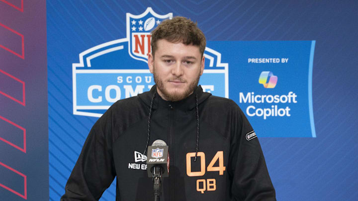 Feb 28, 2025; Indianapolis, IN, USA; Texas quarterback Quinn Ewers (QB04) answers questions at a press conference during the 2025 NFL Combine at Indiana Convention Center. Mandatory Credit: Stephanie Amador Blondet-Imagn Images Feb 28, 2025; Indianapolis, IN, USA; Texas quarterback Quinn Ewers (QB04) answers questions at a press conference during the 2025 NFL Combine at Indiana Convention Center. Mandatory Credit: Stephanie Amador Blondet-Imagn Images