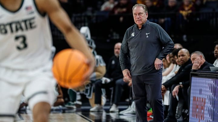 Michigan State head coach Tom Izzo watches a play against Minnesota during the first half of Second Round of Big Ten tournament at Target Center in Minneapolis, Minn. on Thursday, March 14, 2024.