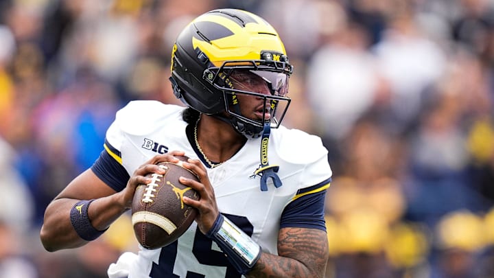 Michigan quarterback Bryce Underwood (19) looks to pass the ball during the spring game at Michigan Stadium in Ann Arbor on Saturday, April 18, 2026.