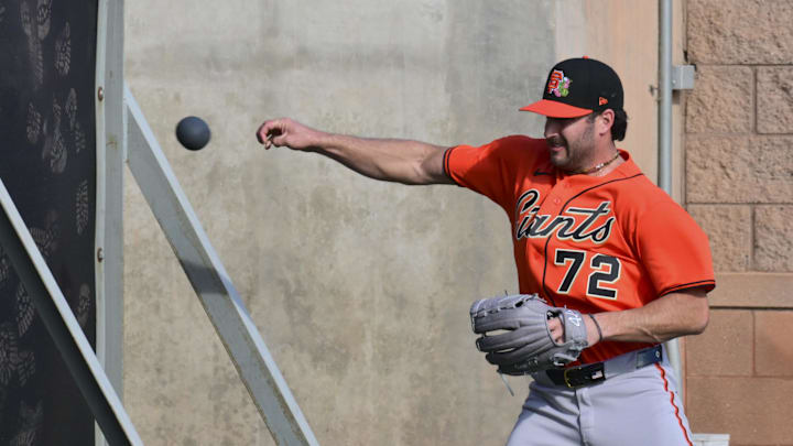 Feb 10, 2026; Scottsdale, AZ, USA; San Francisco Giants pitcher Trevor McDonald (72) throws a weighted ball during a Spring Training workout at Scottsdale Stadium Mandatory Credit: Matt Kartozian-Imagn Images Feb 10, 2026; Scottsdale, AZ, USA; San Francisco Giants pitcher Trevor McDonald (72) throws a weighted ball during a Spring Training workout at Scottsdale Stadium Mandatory Credit: Matt Kartozian-Imagn Images