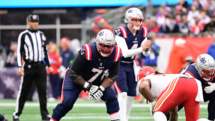 Dec 17, 2023; Foxborough, Massachusetts, USA; New England Patriots guard Mike Onwenu (71) lines up