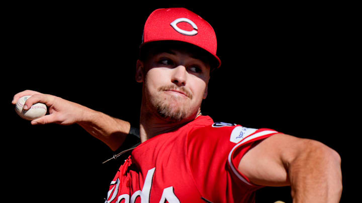 Cincinnati Reds pitchers Connor Phillips (34) throws a pitch, Wednesday, Feb. 19, 2025, at the Cincinnati Reds Player Development Complex in Goodyear, Ariz. Cincinnati Reds pitchers Connor Phillips (34) throws a pitch, Wednesday, Feb. 19, 2025, at the Cincinnati Reds Player Development Complex in Goodyear, Ariz.