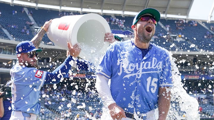 Jul 27, 2025; Kansas City, Missouri, USA; Kansas City Royals right fielder Randal Grichuk (15) is doused by center fielder Kyle Isbel (28) after the win over the Cleveland Guardians at Kauffman Stadium. Mandatory Credit: Denny Medley-Imagn Images